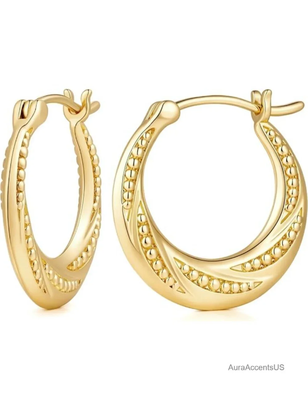 14K Gold Plated Hoop Earrings for Women Textured Bead Accents Hypoallergenic